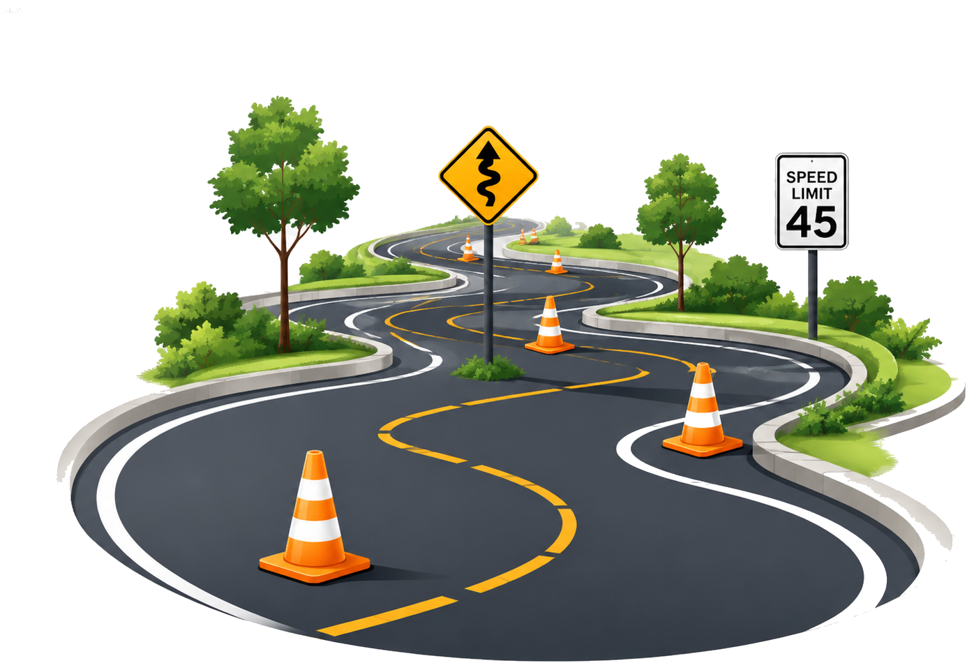 Road skills illustration with cones and traffic signs